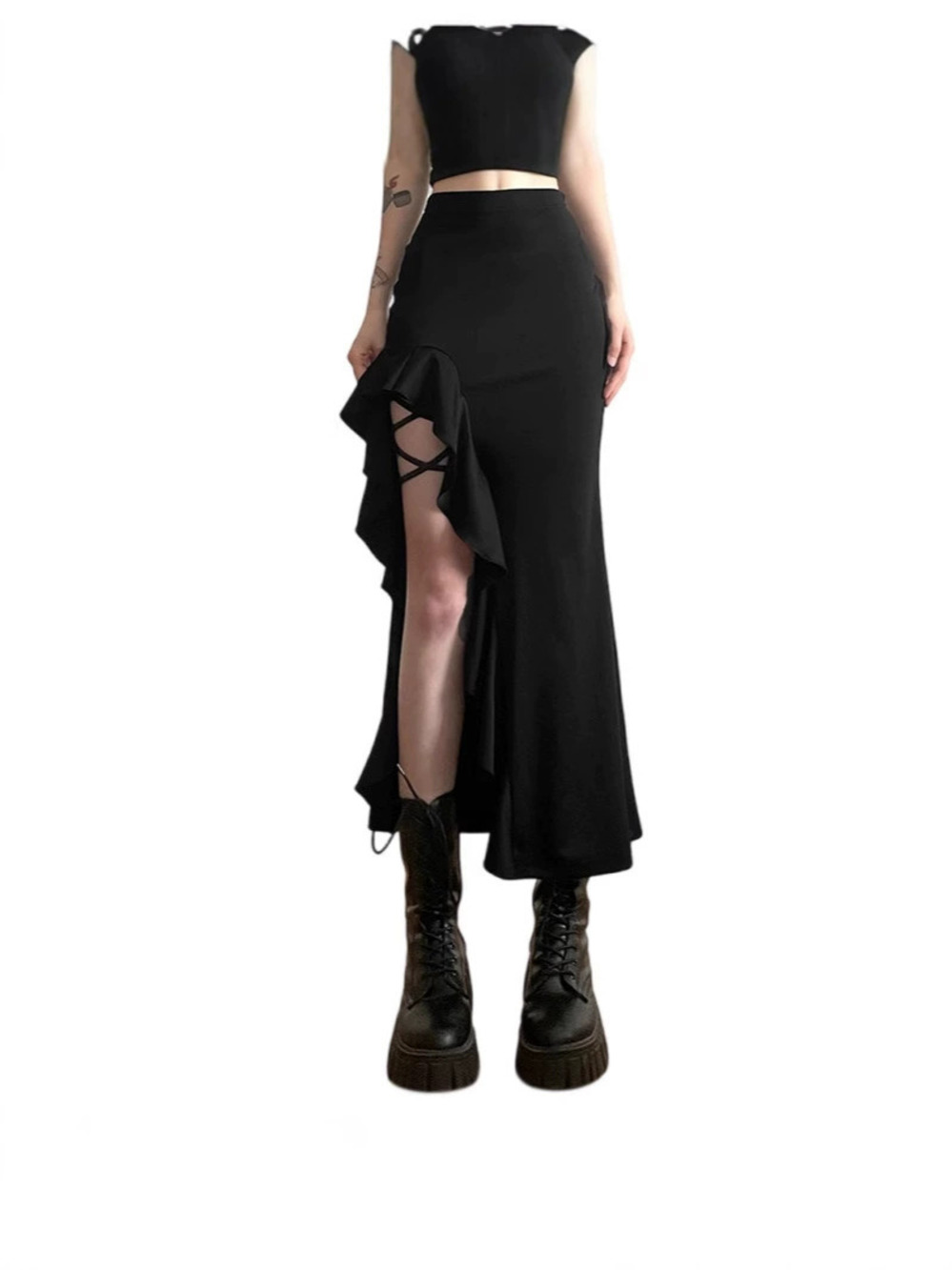 Zara Black Asymmetric Ruffle Side Slit Midi Skirt Summer
